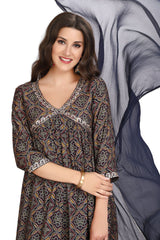 Dark Blue Alia cut Muslin Kurta Set for Women with Bandhani Print