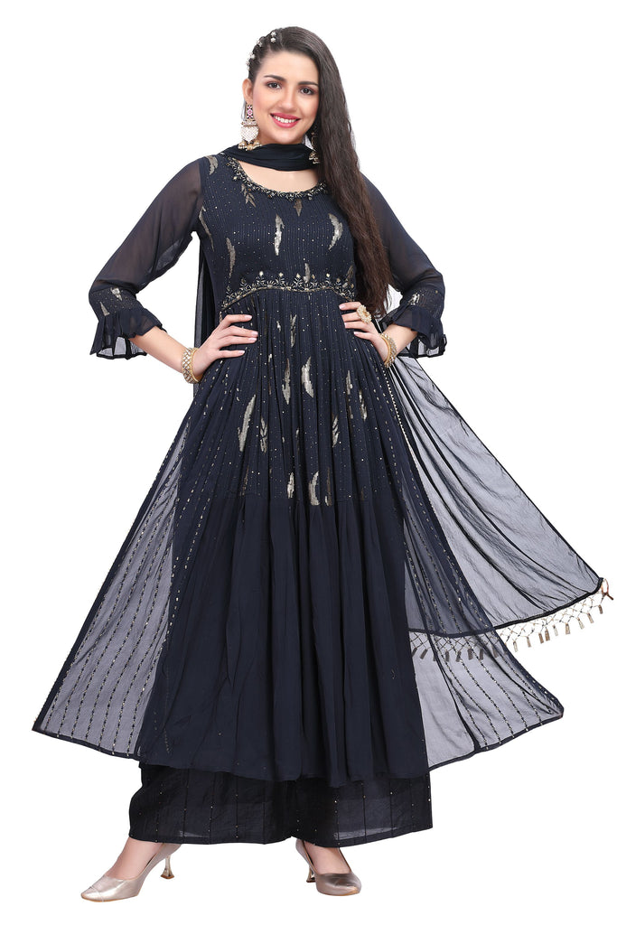 Dark Blue Georgette Multi-Tiered Sequin Work Nyra Cut Kurti Set with Palazzo