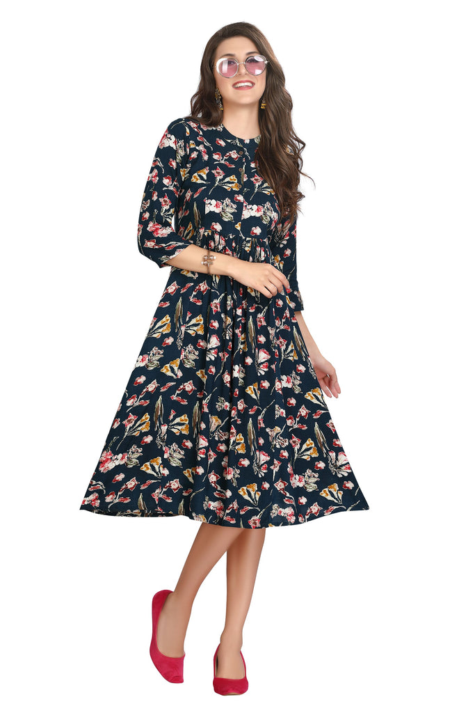 Dark Blue Rayon Frock Style Kurti for Women with Floral Print