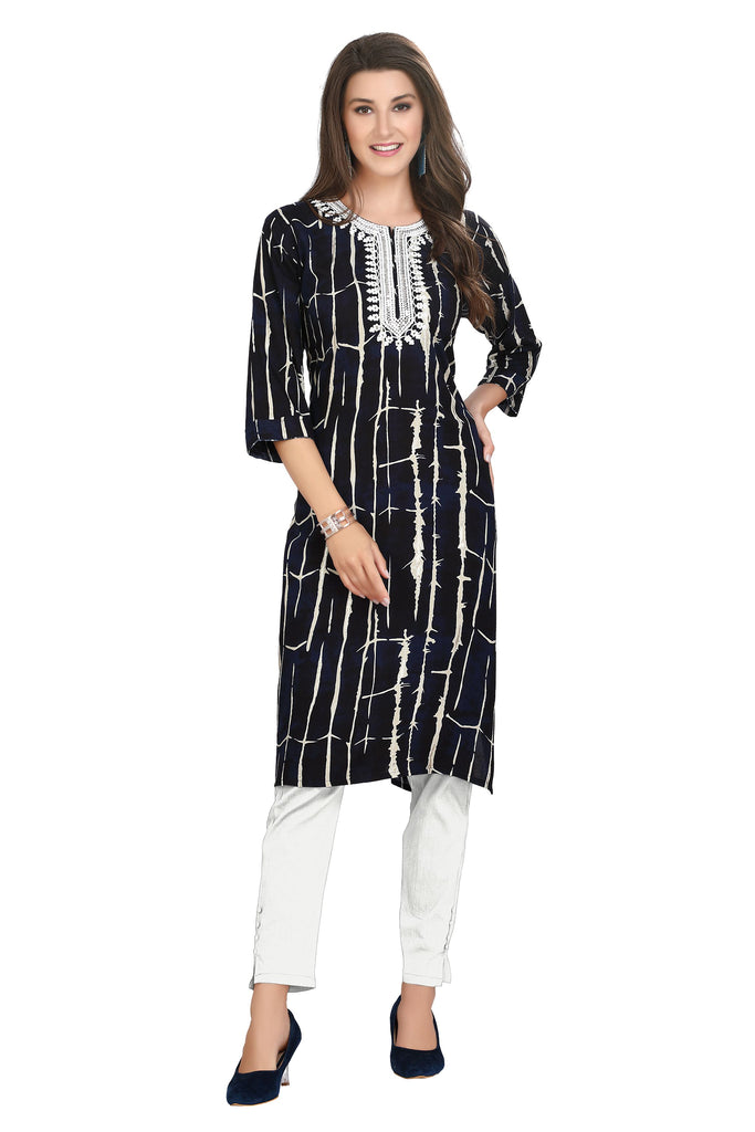 Dark Blue Rayon Straight Cut Kurti in Shibori Print with Heavy Embroidered Round Neck