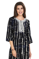 Dark Blue Rayon Straight Cut Kurti in Shibori Print with Heavy Embroidered Round Neck