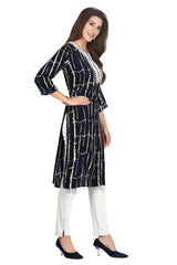 Dark Blue Rayon Straight Cut Kurti in Shibori Print with Heavy Embroidered Round Neck