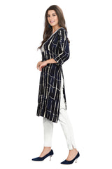 Dark Blue Rayon Straight Cut Kurti in Shibori Print with Heavy Embroidered Round Neck