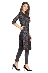 Dark Blue Silk Kurti for Women: Straight Cut with Ajrak Block Print