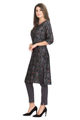 Dark Blue Silk Kurti for Women: Straight Cut with Ajrak Block Print