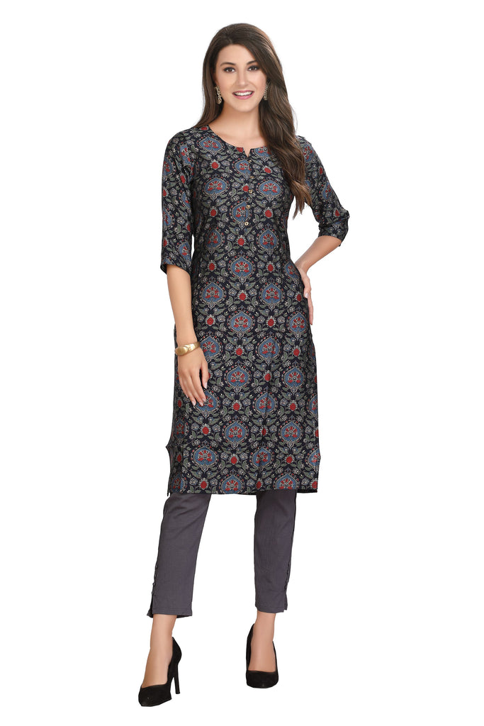 Dark Blue Silk Kurti for Women: Straight Cut with Ajrak Block Print