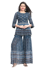 Designer Blue Fusion Print Peplum Kurti and Gharara Pant Set with Mirror Work