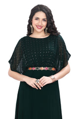 Designer Bottle Green Georgette Kurti with Embroidered Poncho Yoke