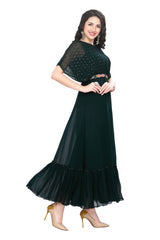 Designer Bottle Green Georgette Kurti with Embroidered Poncho Yoke