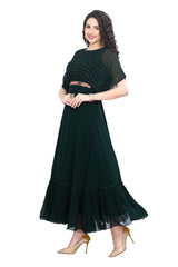 Designer Bottle Green Georgette Kurti with Embroidered Poncho Yoke