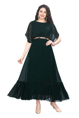 Designer Bottle Green Georgette Kurti with Embroidered Poncho Yoke