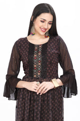 Designer Dark Brown Nyra Cut Kurti Set in Floral Print with Narrow Pants and Chiffon Dupatta