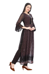 Designer Dark Brown Nyra Cut Kurti Set in Floral Print with Narrow Pants and Chiffon Dupatta