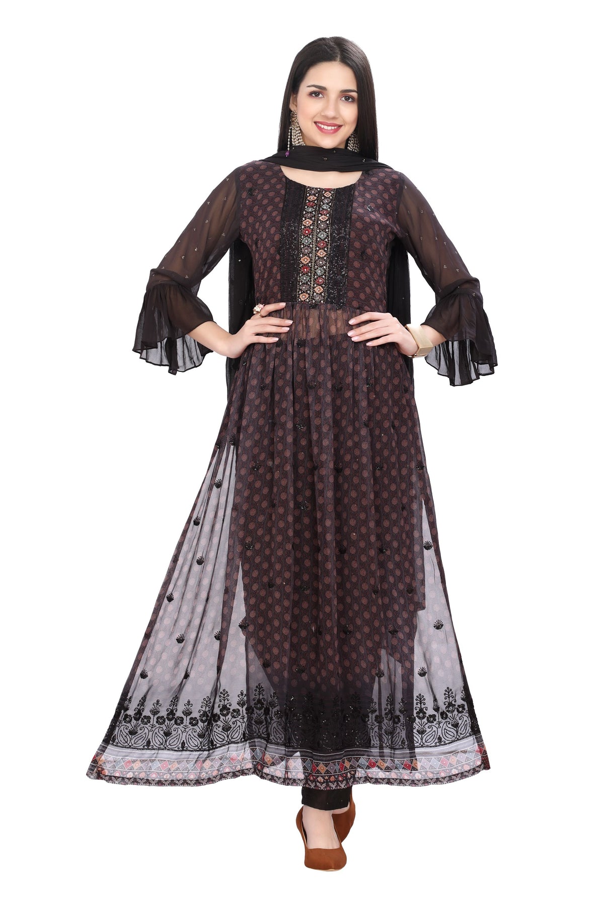 Designer Dark Brown Nyra Cut Kurti Set in Floral Print with Narrow Pants and Chiffon Dupatta