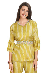 Designer Lemon Green Stripe Print Shirt Style Kurti Set with Straight Pants