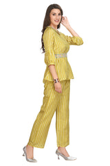 Designer Lemon Green Stripe Print Shirt Style Kurti Set with Straight Pants