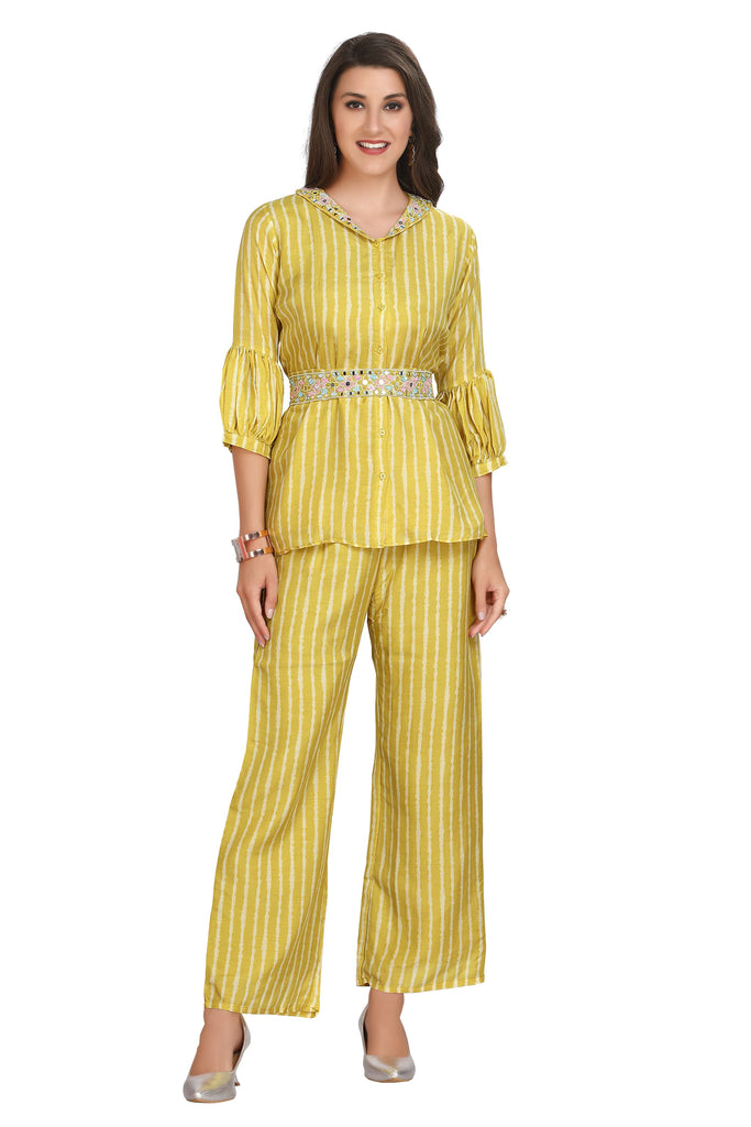 Designer Lemon Green Stripe Print Shirt Style Kurti Set with Straight Pants