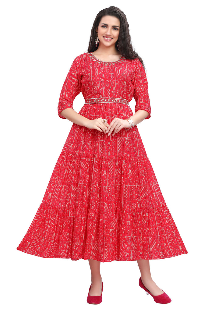 Designer Multi-Tiered Tomato Pink Modal Kurti with Buti Print and Embroidery