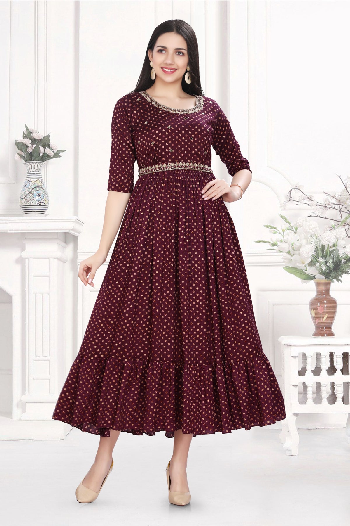 Frock Style Muslin Kurti with Bandhani Print & Zardozi Work