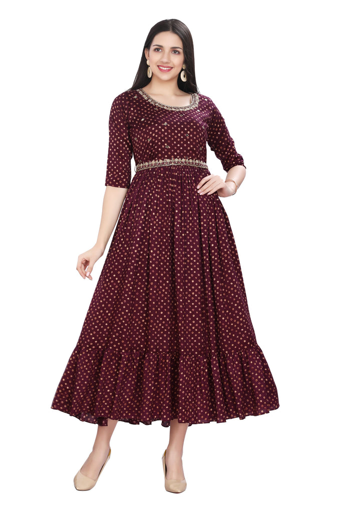 Frock Style Muslin Kurti with Bandhani Print & Zardozi Work