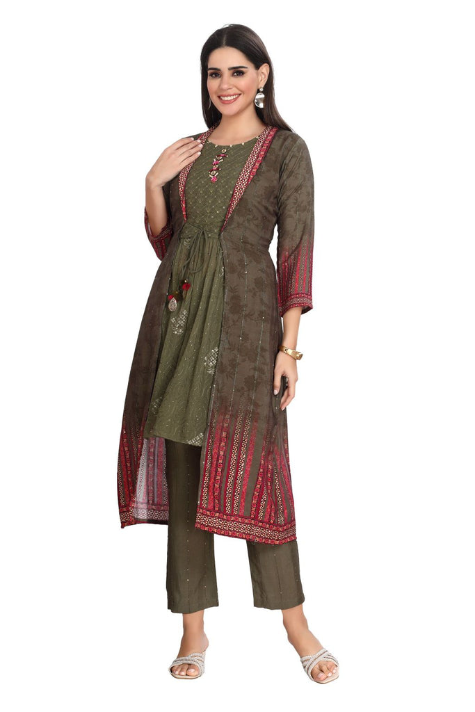 Embroidery Kurta With Stylish Full-sleeve Digital Print Silk Jacket And Pant