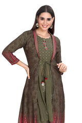 Embroidery Kurta With Stylish Full-sleeve Digital Print Silk Jacket And Pant