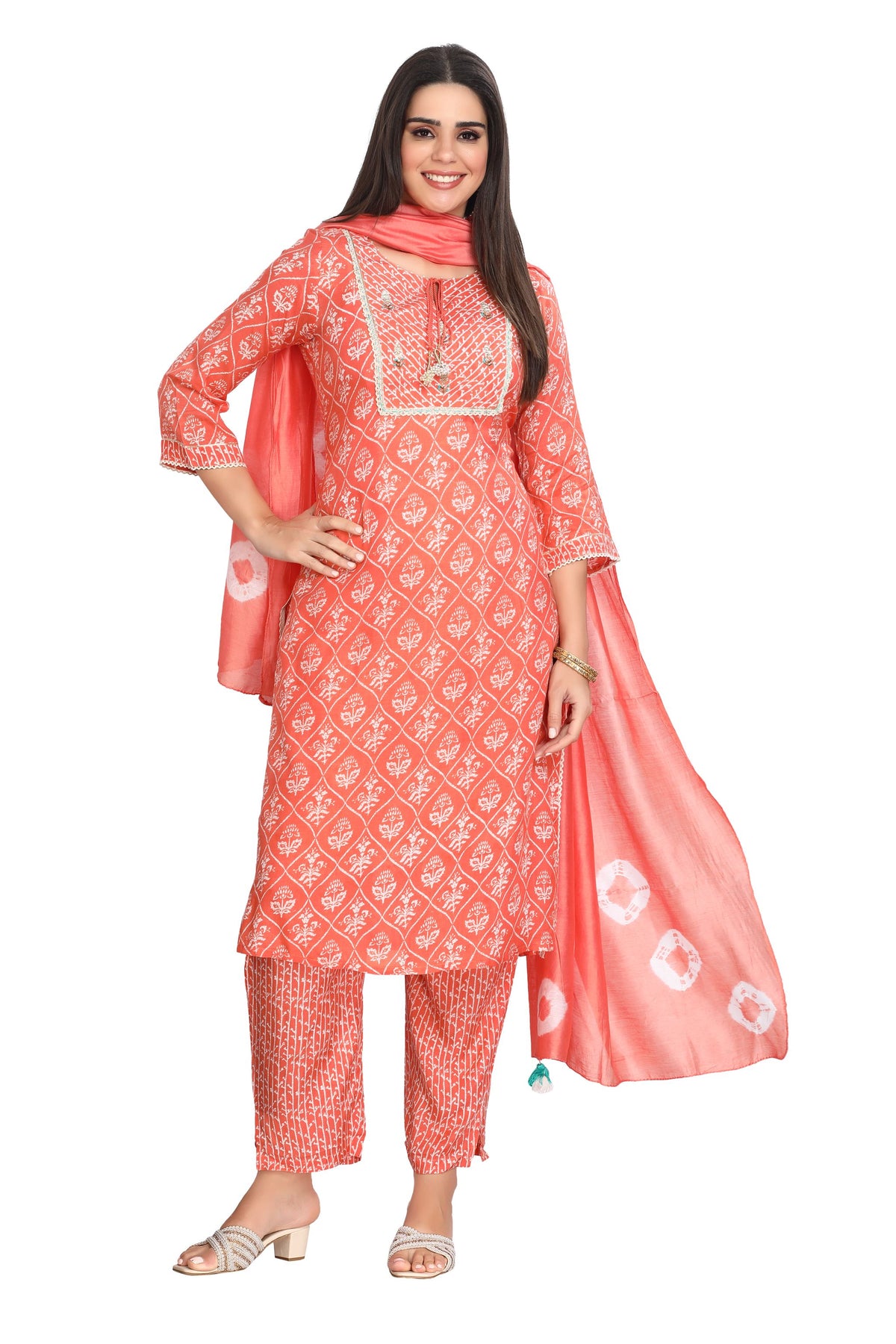 Floral Pink Silk Kurta Set with Embroidered Yoke and Silk Dupatta