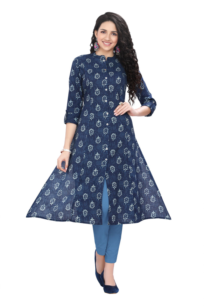 Floral Buta Print Cotton and Katha Fabric Kurti with Front Slit and Mandarin Collar