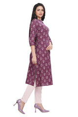 Floral Buta Print Cotton and Katha Fabric Kurti with Front Slit and Mandarin Collar