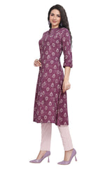 Floral Buta Print Cotton and Katha Fabric Kurti with Front Slit and Mandarin Collar