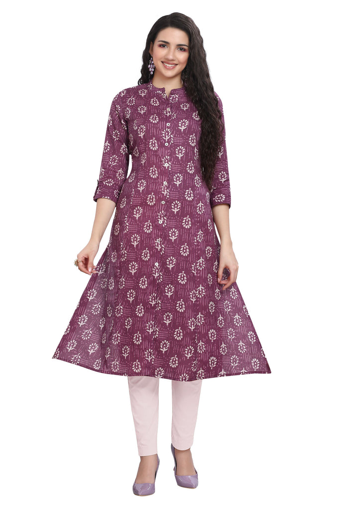 Floral Buta Print Cotton and Katha Fabric Kurti with Front Slit and Mandarin Collar