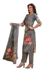 Floral Cotton Kurta Set with pant and Printed Dupatta Grey