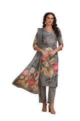 Floral Cotton Kurta Set with pant and Printed Dupatta Grey