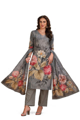 Floral Cotton Kurta Set with pant and Printed Dupatta Grey