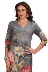 Floral Cotton Kurta Set with pant and Printed Dupatta Grey