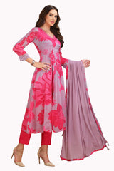 Floral Frock Style Kurta Set with pant and Dupatta Lavender