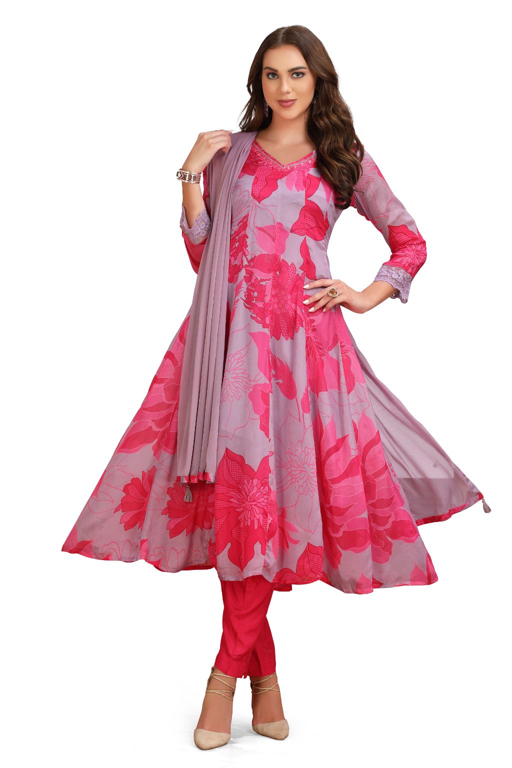 Floral Frock Style Kurta Set with pant and Dupatta Lavender