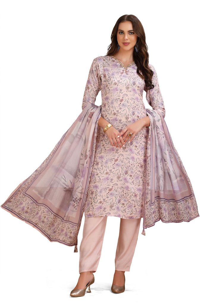 Floral Kurta Set for Women with pant and Silk Dupatta Pink