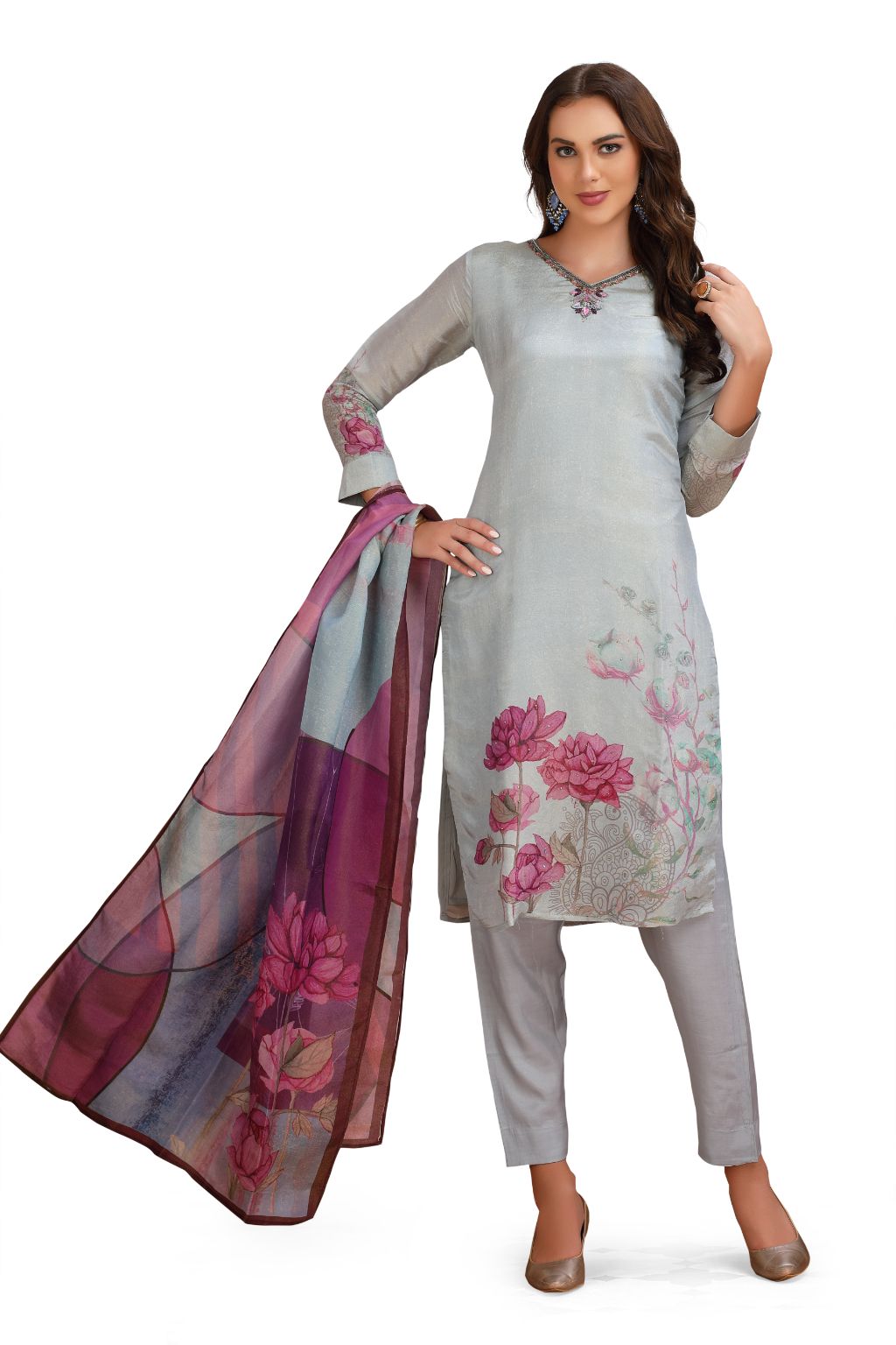 Floral Kurta Set in Tissue with pant and Designer Dupatta Grey