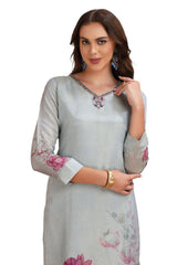 Floral Kurta Set in Tissue with pant and Designer Dupatta Grey