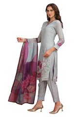 Floral Kurta Set in Tissue with pant and Designer Dupatta Grey