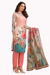 Floral Kurta Set in Tissue with pant and Designer Dupatta Peach