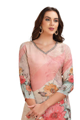 Floral Kurta Set in Tissue with pant and Designer Dupatta Peach