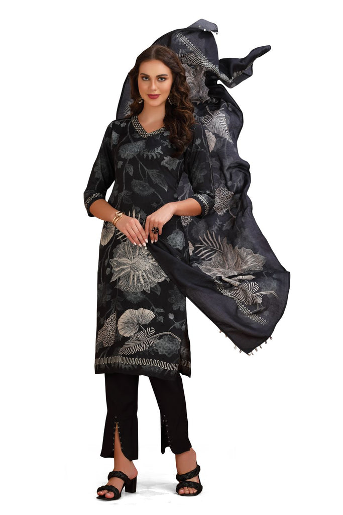 Floral Kurta Set with Designer pant and Printed Dupatta Black