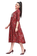 Floral Maroon Muslin Kurti for Women with Round Neck and Embroidery Border