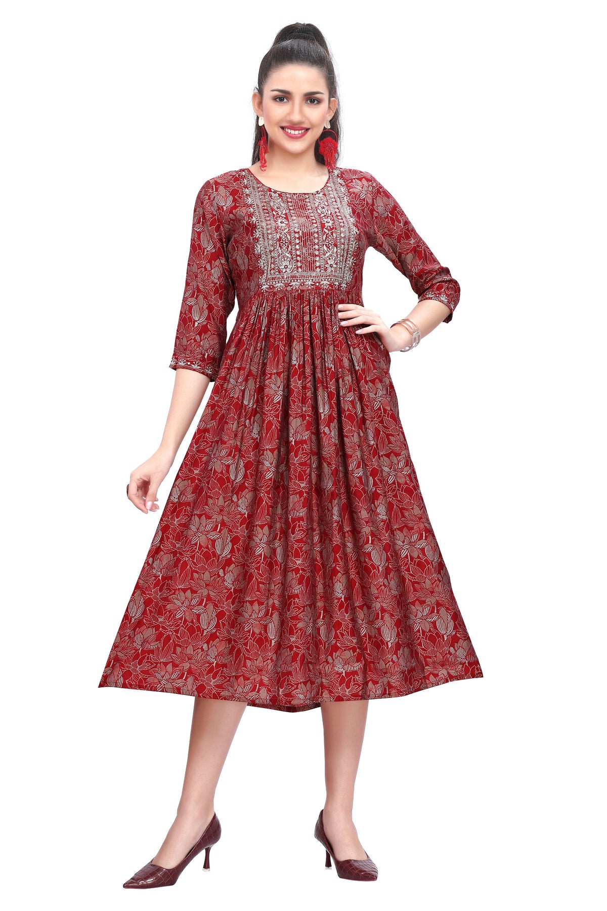 Floral Maroon Muslin Kurti for Women with Round Neck and Embroidery Border