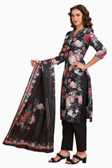 Floral Print Chikankari Straight cut Kurta set with pant and Dupatta Black