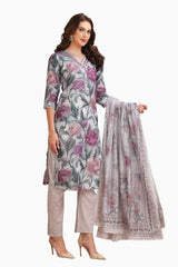 Floral Print Chikankari Straight cut Kurta set with pant and Dupatta Grey