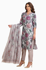 Floral Print Chikankari Straight cut Kurta set with pant and Dupatta Grey