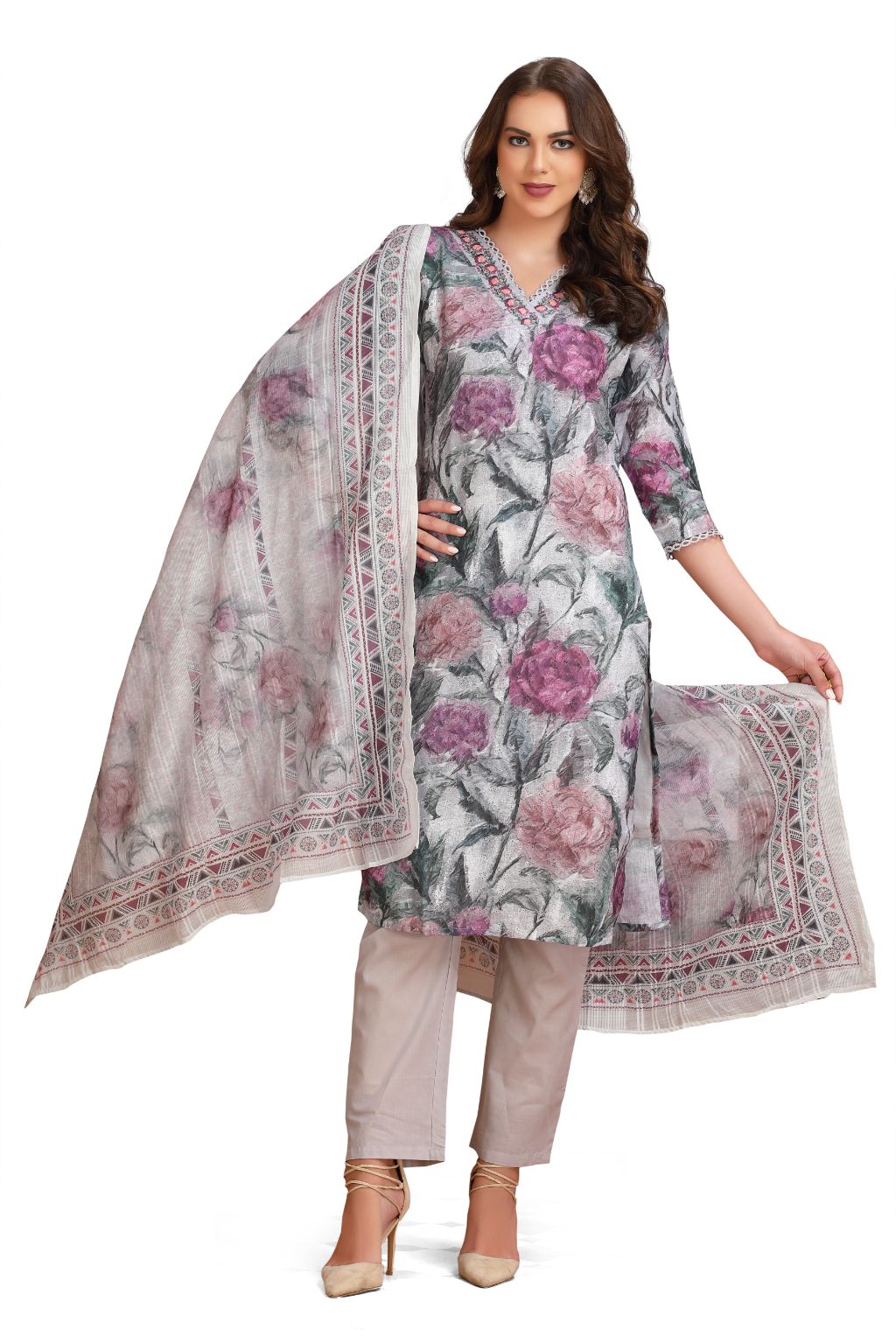 Floral Print Chikankari Straight cut Kurta set with pant and Dupatta Grey